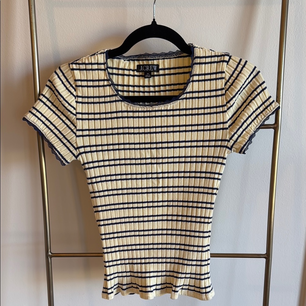 J. Crew Black and Cream Striped Short Sleeve Tee